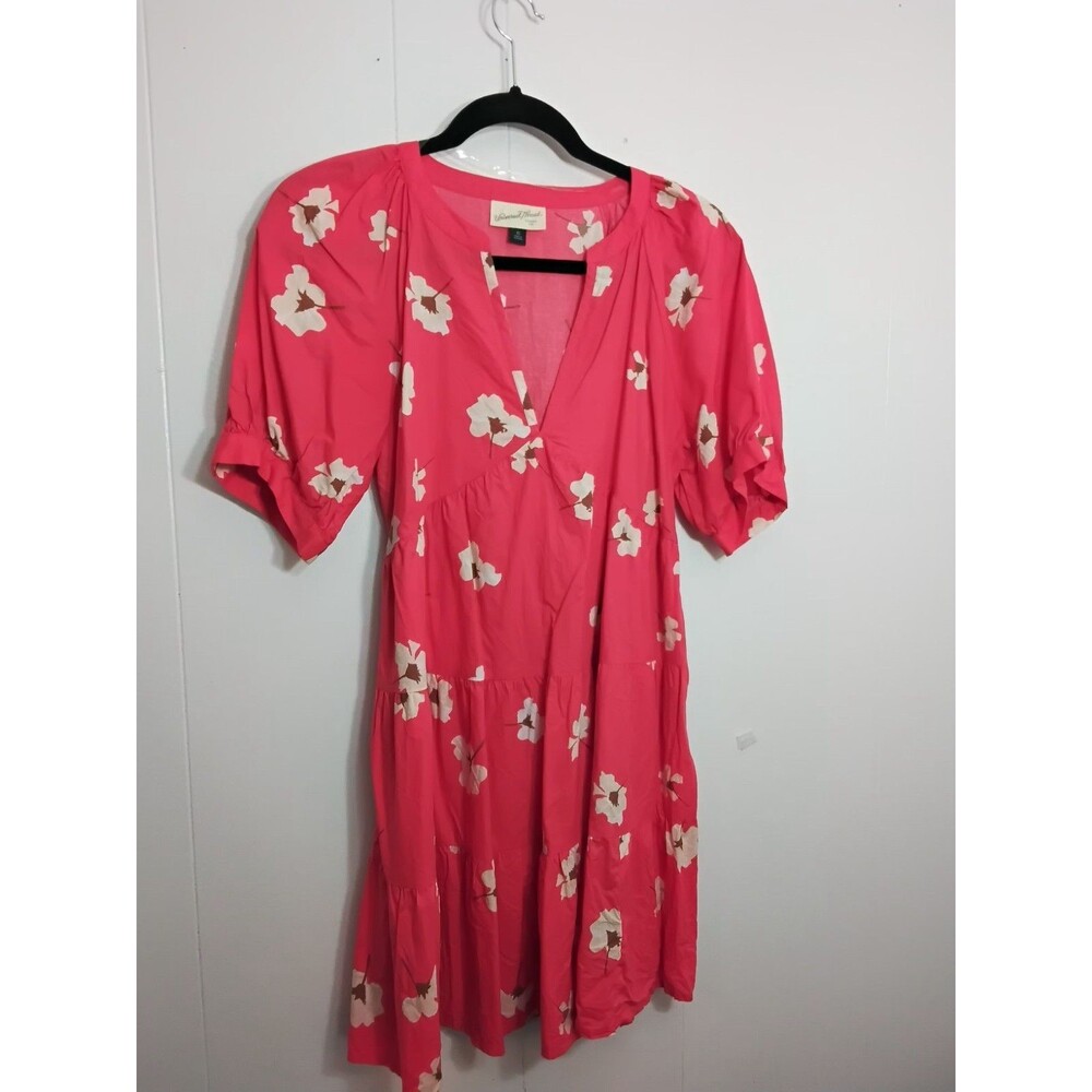 Women’s L V-Neck Woven Floral Layered Cottagecore Boho Tunic Babydoll Mini Dress